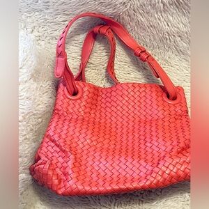 Woven Leather Shoulder Bag - Coral Pink